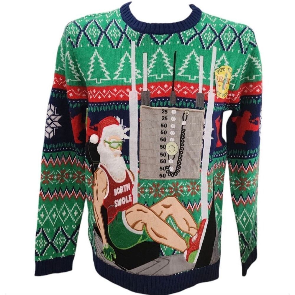 Blizzard Bay Mens Ugly Christmas Sweater North Swole Bodybuilder Drink Pocket M